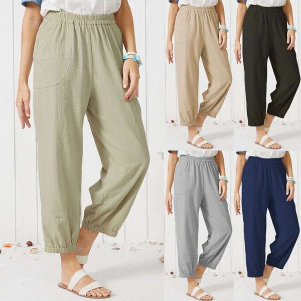 

women's solid color loose cotton and hemp leggings casual pants, Black;white