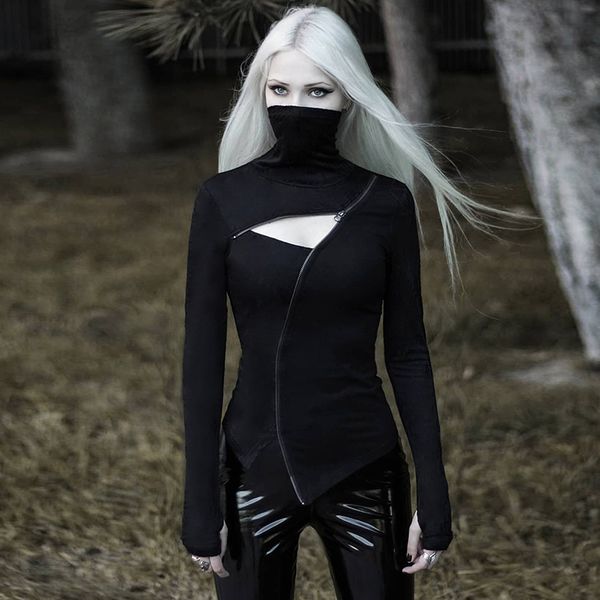 

black patchwork zipper bodycon women t-shirts gothic punk grunge vintage female hollow out turtleneck t-shirts, White