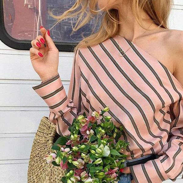 

one off shoulder women shirts blouse striped long sleeve irregular work office blouse shirt camisas mujer, White