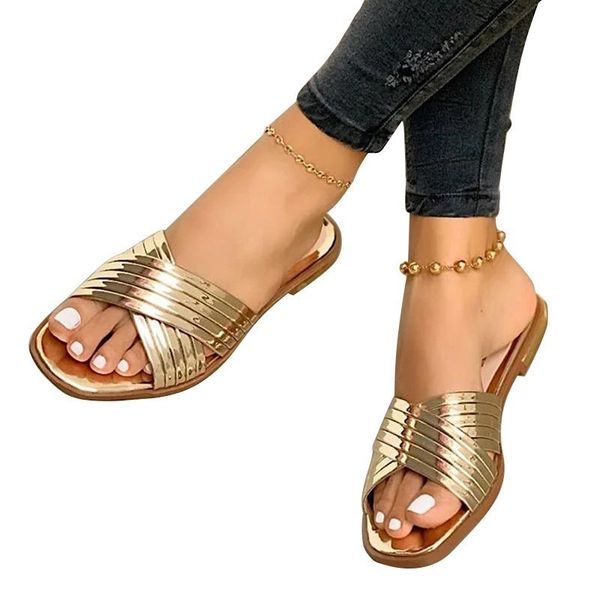 

ladies slippers beach summer shoes 2021 new women slip on bling gold flat slides outdoor shoes female casual sandals plus size43, Black