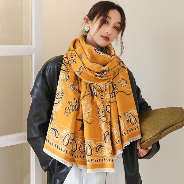 

scarves 2021 autumn 190x65cm beach towel winter print dustproof shawls female thick cashmere floret two-sided bandanna, Blue;gray