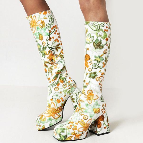 

boots gigifox brand design chunky heels high heeled platform modern lady knee fashion winter shoes big size 43 embroidery, Black