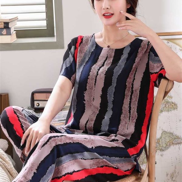 

mother sets 2 piece woman set loose o-neck short sleeve print two-piece pant suits plus size home servic 211105, White