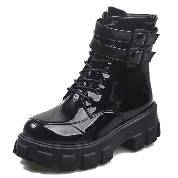 

thick bottom sponge cake double-row belt buckle high platform tube boots with dwaterproof water transverse belts plutonium and patent r3e8, Black