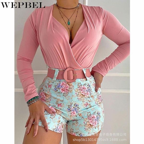 

women's tracksuits wepbel elegant shorts set outfits ladies fashion v neck wrap shirt + high waist two piece, Gray