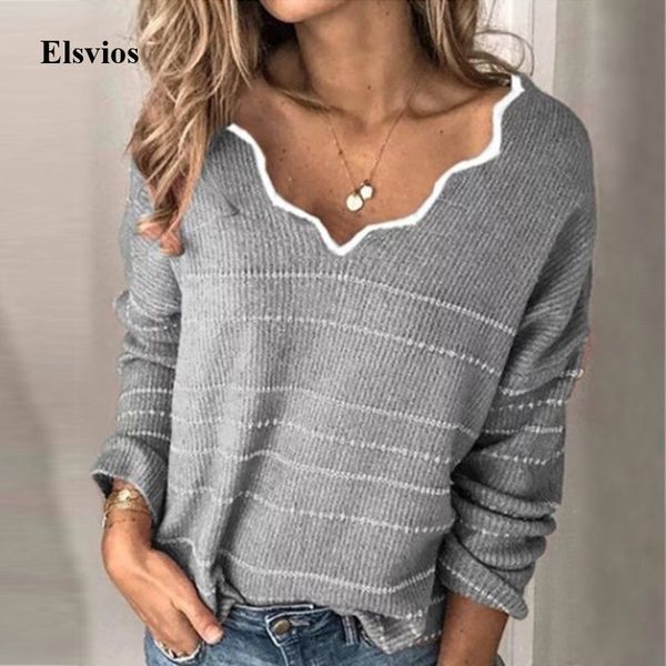 

autumn winter long sleeve sweaters women elegant v-neck wave knitted sweater casual warm striped knit pullover jumpers s20210106, White;black