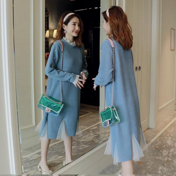 

maternity dresses 8839# clothes false two-piece nursing dress spring autumn gauze patchwork breastfeeding, White