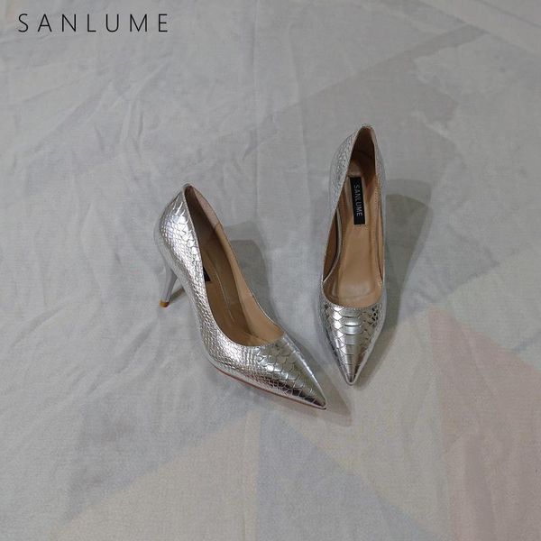

dress shoes sanlume fashion silver women pumps summer high heels party woman sandals pointed toe thin heel, Black