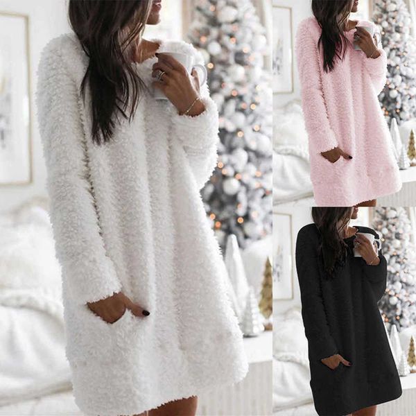 

women winter fleece sleepwear straight plush long sleeve dresses autumn loose warm round neck simple casual straight plush skirt y1006, Black;gray