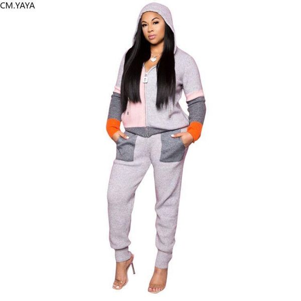 

two piece dress 2021 winter women sets hooded full sleeve pants suit set casual fashion patchwork tracksuit fitness outfits gl8650, White