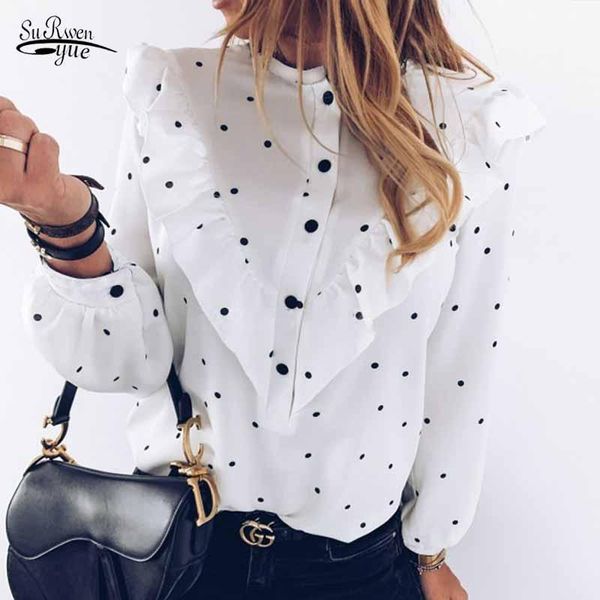 

women's blouses & shirts polka dot women autumn single-breasted long sleeve streetwear shirt fashion v-shaped ruffle stitching o-neck, White
