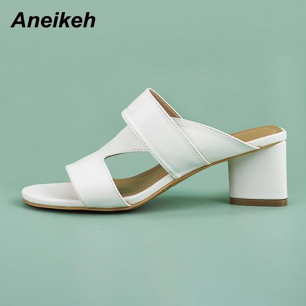 

slippers aneikeh 2021 women's shoes summer square heels peep toe pu shallow party string sweet mature elegant british style, Black