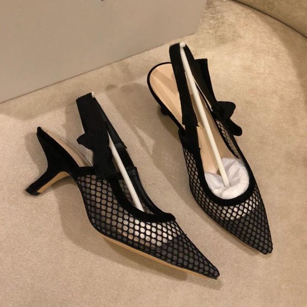 

pointed mesh heel high heels summer sandals fashion women's shoes bowknot all-match baotou elegant casual dress shoes, Black