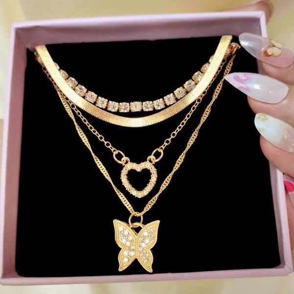 

chains fashion multilayer crystal butterfly heart tennis chain necklace for women metal snake choker necklaces collar jewelry, Silver