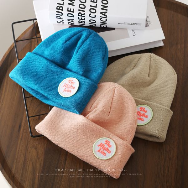 

korean style japanese style spring autumn and winter round label letter curling woolen cap student couple outdoor leisure warm knitted hat n, Blue;gray