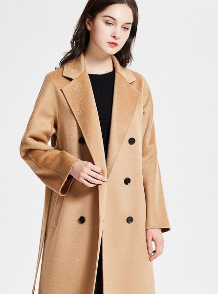 

women's wool & blends women cashmere coat and jackets for high-end autumn winter double-sided water ripple thicken long woolen, Black