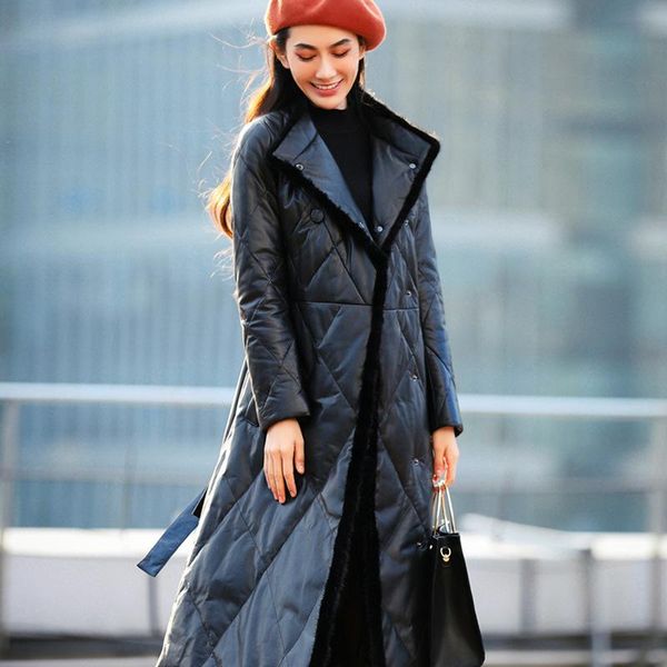 

women's leather & faux jcket jacket genuine duck down winter women real coat chaqueta mujer akf-2277 yy999, Black