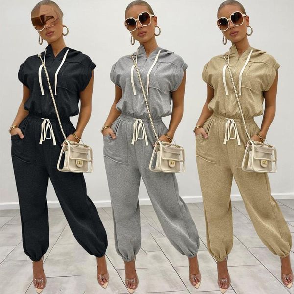 

women's two piece pants women autumn soild casual loose tracksuits set hooded collar short sleeve crop and ankle-length drawstring, White