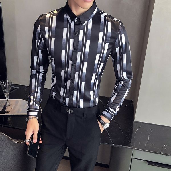

new preto/branco listrado camisas sociais dos homens manga longa moda 2021 primavera nova noite clube/formatura casual trabalho blusa homme, Black;brown