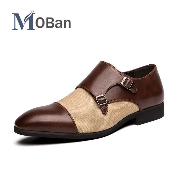 

dress shoes man shoe brand double monk strap oxford pointed toe wedding breathable leather for men mocasines hombre, Black