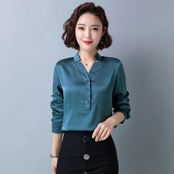 

korean fashion silk women blouses satin office lady shirt and blouse loose long sleeve blusas largas plus size womens, White