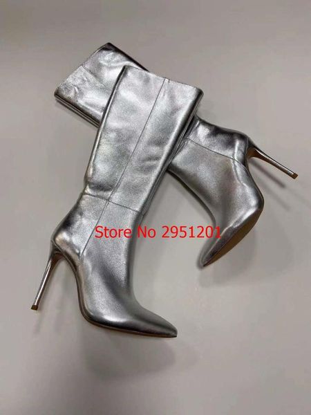 

boots women shoes high heels silver knee tall leather fashion beauty ladies long size 35-42, Black
