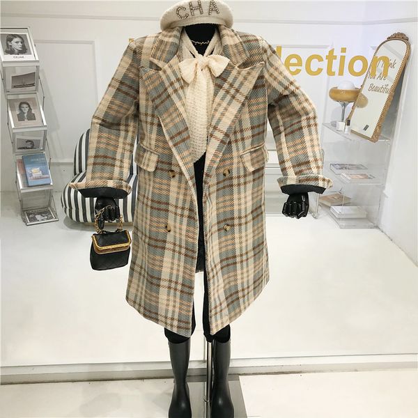 

classic female plaid wool waistline loose on the knee retro mid cotton coat fhwb, Black
