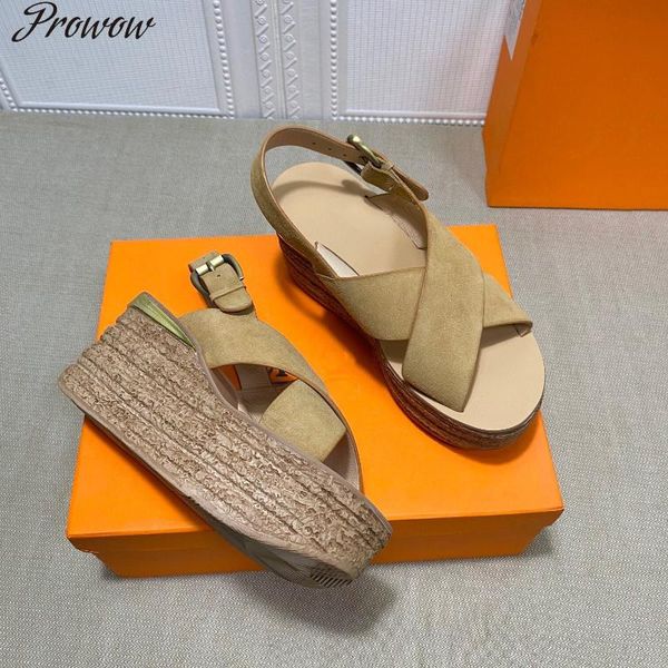 

dress shoes prowow 2021 est summer woman cow suede back-strap sandals open-toes wedges platform, Black