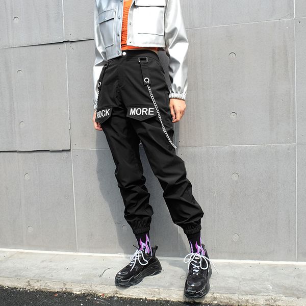 

hip hop patchwork chains pants women elastic high waist black track pants capris embroidery letter trousers female, Black;white