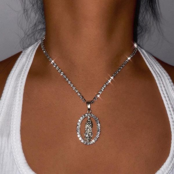 

chains trendy portrait crystal pendant necklace for women round gold silver color shiny rhinestone tennis chain necklaces jewelry