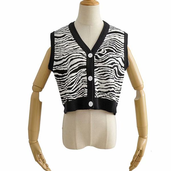 

2021 new women autumn zebra striped sleeveless knitted winter female v neck single slim cardigan sweater vest gh3x, White;black