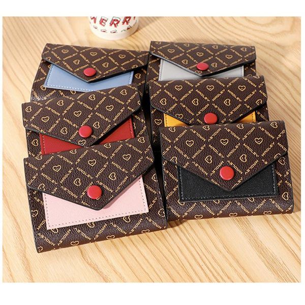 

wallets printed color patchwork three fold short wallet ladies card holder button cover clutch purse pu leather women luxury, Red;black