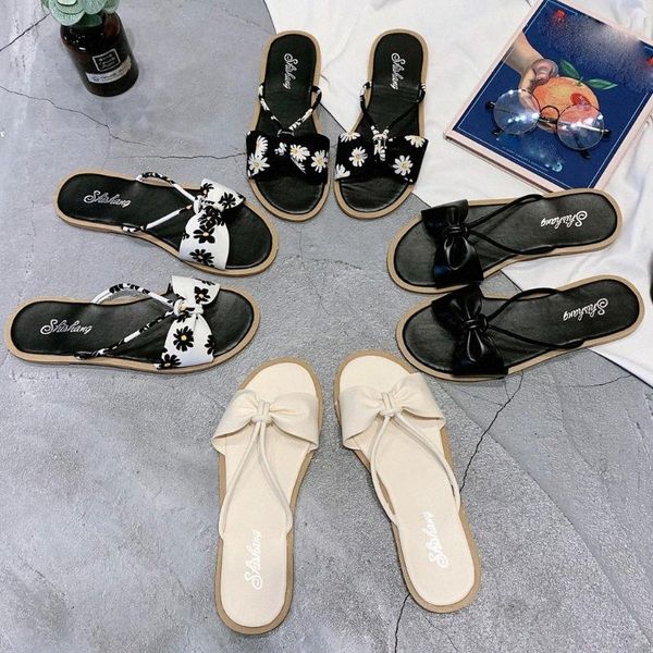 

summer indoor&outdoor non slip slippers bow flats wedges open toe wild flat bowknot non slip slippers beach women x10v#, Black