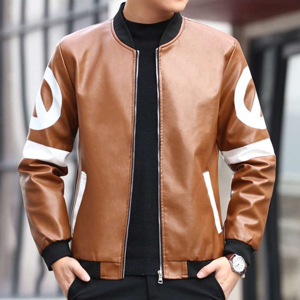 

2020 men's new clothes stand collar jacket korean youth slim fashion brand leather coat motorcycle pu clothingwinter, Black;brown