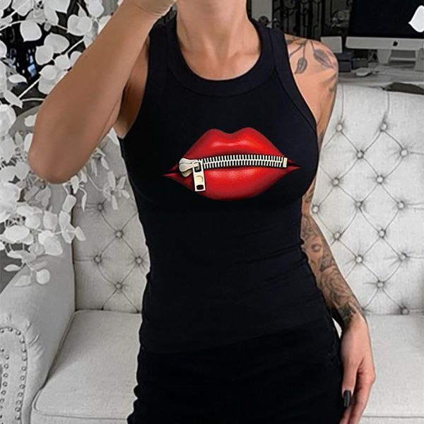 

women's t-shirt wepbel women vest lips print skinny shirt ladies sleeveless o neck slim fit, White