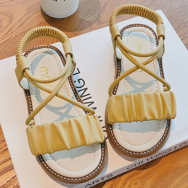 

sandals little girls leather summer toddlers princess elastic band flats shoes solid white beach boho slide casual, Black;red