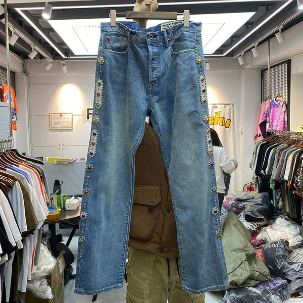 

2021 new jeans men women kapital pants vintage washed inlaid gemstone distressed trousers inside tag clothes 79wl, Blue