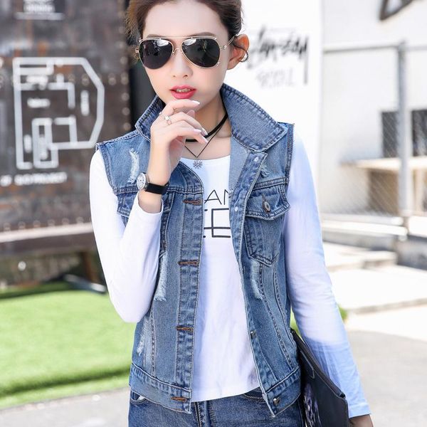 

women's vests 2021 spring and autumn hole denim vest short large size coat women jacket blue fashion female outerwear, Black;white