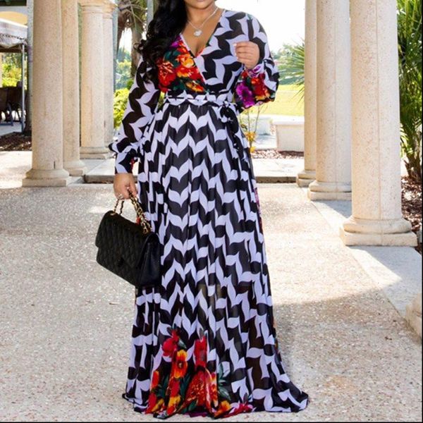 

fashion 2021 stripe floral print long sleeve chiffon dress women african v neck ladies casual boho maxi fall autumn long dress, Black;gray