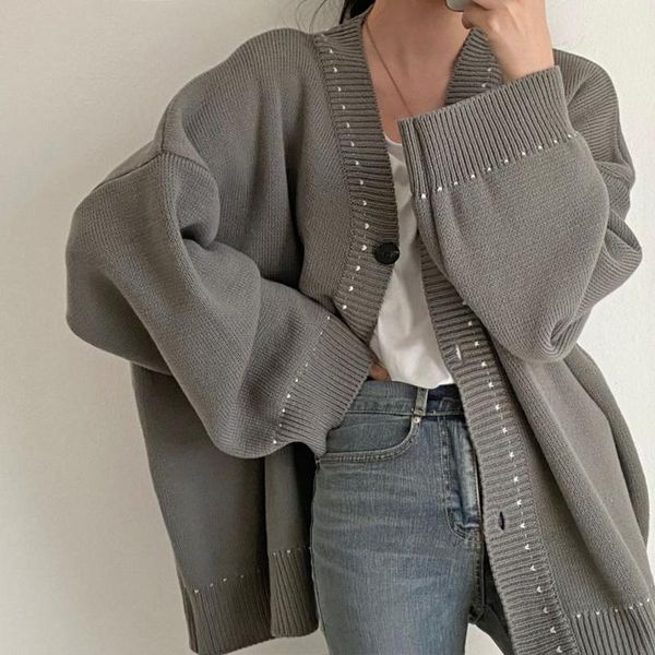 

women's knits & tees [ewq] korea chic autumn simple lazy style contrast color crimping design v-neck double pocket knitted cardigan swe, White