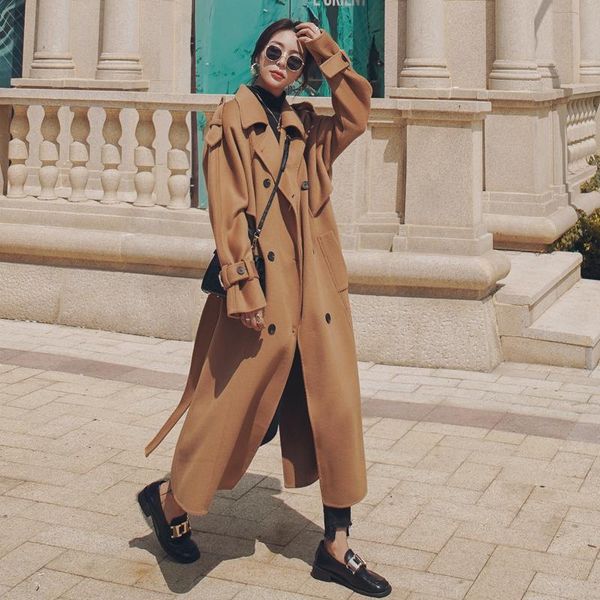 

women's wool & blends brand england style women blend coat double-breasted with belt long lady overcoat female winter outerwear, Black