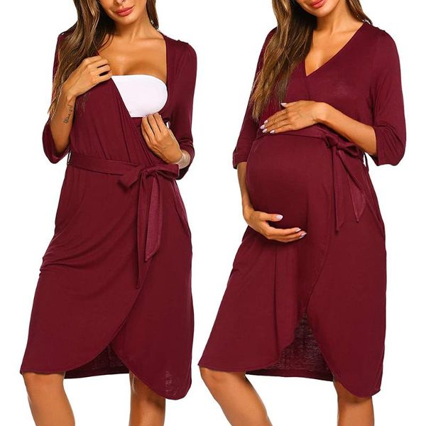 

maternity dresses nightwear women pregnant breastfeeding solid nightgown half sleeve sleepwear robe cross lace-up loose knee dress, White
