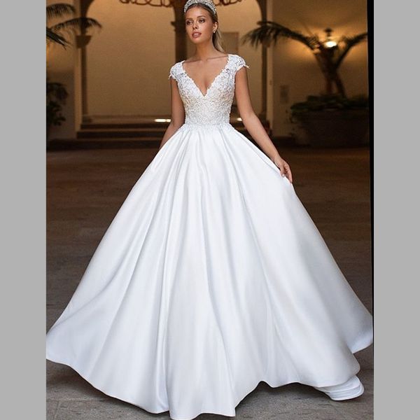 

inbal dror satin lace appliques wedding dress scooped neck bridal gowns cap sleeve backless beach wedding dress custom, White