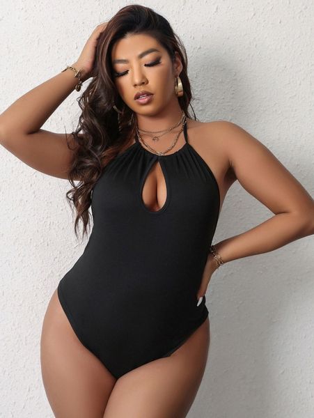 

plus cut out tie backless halter bodysuit v7by#, Black