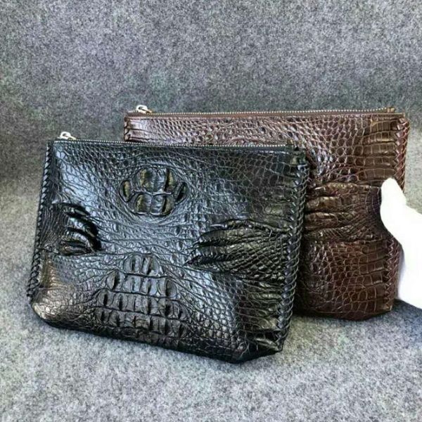 

wallets handmade criss-cross edges genuine alligator leather clutch wallet mens fashion business bag with metal zipper closure, Red;black