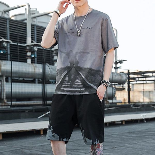 

men's tracksuits casual sports suit summer thin style short-sleeved ice silk fashion trend handsome set, Gray