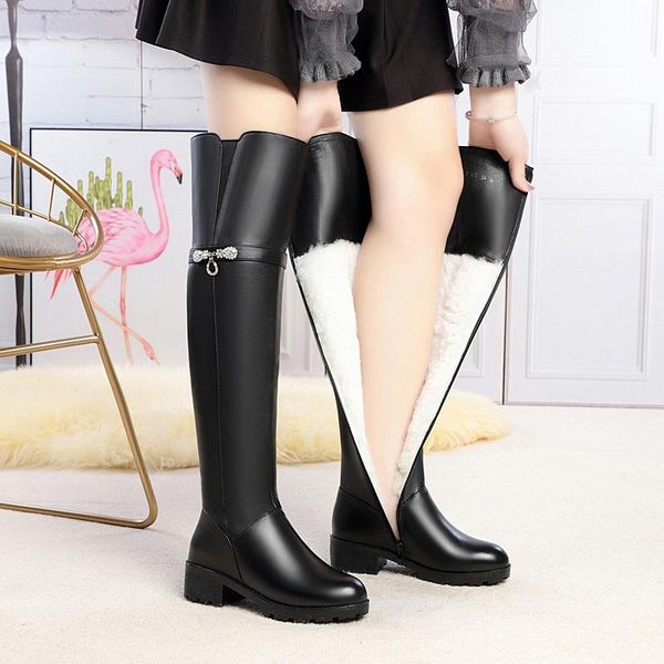 

boots 2021 winter over knee women's high-heeled thick heeled leather high large plush, Black