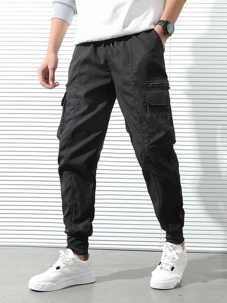 

men utility pocket drawstring waist joggers 80ne#, Black