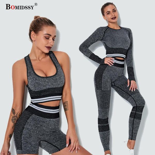 Yoga Outfit Damen Nahtlose gestreifte Leggings Hosen Sport-BH Stretch Langarm T-Shirt Gym Laufshorts Set