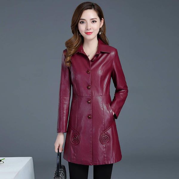 

women's leather & faux spring autumn jacket long pu coat female korean slim black plus size -6xl outerwear